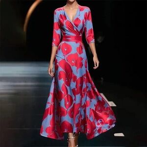 Elegant Red and Blue Floral Maxi Dress